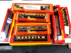 A tray containing Hornby Railways 00 scale, coaches, car transporters, Royal Mail coach,