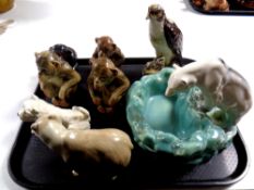 A tray containing assorted animal figures to include a Royal Doulton Whyte and Mackay decanter,