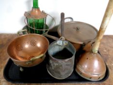 A tray containing antique and later copper wares to include copper and glass lantern,