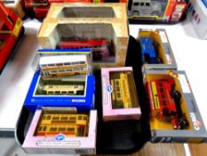 A tray containing Corgi die cast trolley buses, open top buses,