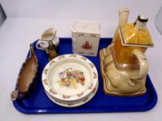 A tray containing assorted ceramics to include Royal Doulton Bunnykins money box,