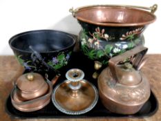 A tray containing antique metal wares to include a 19th century hand painted copper and brass