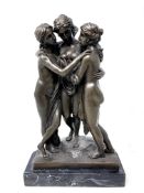 After Moreau : Bronze study of three maidens, on marble plinth base, height 31.5 cm.