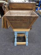 A pine kitchen stool together with a wooden metal handled caddy