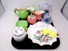 A tray containing Aynsley Wild Tudor lidded pot, Royal Winton jug and leaf dishes,