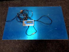 A set of stainless steel commercial flatbed digital scales (as found)