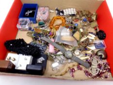 A box of costume jewellery including lady's watches, silver jewellery, cameo earrings,