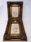 Two ceramic cherub relief plaques in ornate gilt frames, 31 x 26.