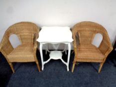 A painted Edwardian occasional table and pair of wicker armchairs