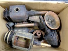 A box containing seven antique carriage lamps (as found)