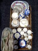 Two boxes of assorted china and ceramics to include cranberry glass comport, Spode dishes,