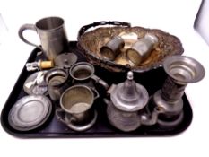 A tray containing silver plated swing handled basket, pewter ware including tankards,