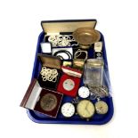 A tray containing costume jewellery, silver lidded glass dressing table pot, pocket watch chains,