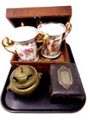 A tray containing brass censer, Victorian mahogany box,
