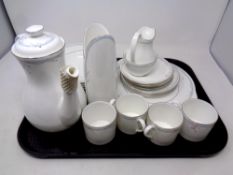 A tray containing twenty pieces of Royal Doulton Carnation china to include tea ware, dinner bowls,