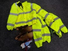 A box of pair of Toffking rigger boots size 12 and a high viz coat, fleece,