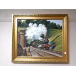 An Atkin oil on board depicting a steam train exiting a tunnel, in a gilt frame,
