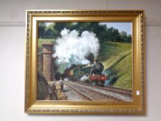 An Atkin oil on board depicting a steam train exiting a tunnel, in a gilt frame,