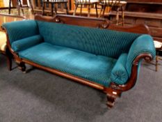 A Victorian mahogany scroll armchair settee in a turquoise fabric