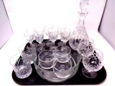 A tray containing cut glass whisky tumblers, champagne glasses and rummers,