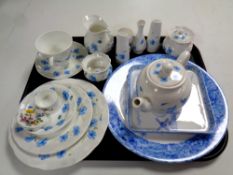 A tray containing fifteen pieces of hand painted china together with a Wedgwood pot and two