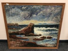 Continental school : Waves crashing against rocks, oil on board,