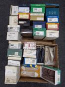 Two boxes containing a large quantity of boxed lady's shoes by Clarks, Lotus, Vandal,