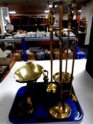 A brass four piece companion set on stand together with a set of Viking kitchen scales with