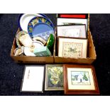 Two boxes containing miscellaneous china and ceramics, framed pictures, a L.