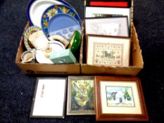 Two boxes containing miscellaneous china and ceramics, framed pictures, a L.