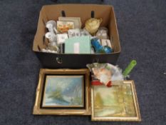 Two boxes of assorted early 20th century and later ceramics, handkerchiefs,