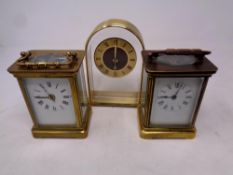 Two brass cased carriage clocks (one as found) together with a further Westclox battery operated