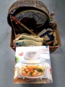 A box containing vintage soil sieves, Hessian coffee bags, brass rose sprayer, glass thermometer,