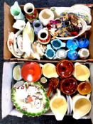Two boxes containing assorted ceramics to include Japanese vases, tourist dolls,