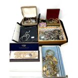 A tray containing a large quantity of costume jewellery, gilt metal pieces, bead necklaces,