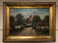 Continental school : Chickens by a thatched cottage, oil on canvas,