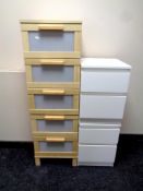An Ikea five drawer chest and a pair of white Ikea bedside chests