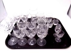 A tray containing assorted glassware to include lead crystal whisky tumbler, cut glass wine glasses,