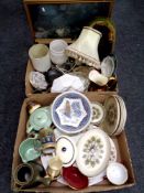 Two boxes containing miscellaneous ceramics, framed prints, table lamps,