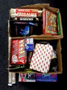 Two boxes containing electricals, vintage board games,