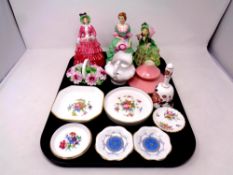 A tray containing three porcelain figurines of ladies, china flower basket, Minton trinket dishes,