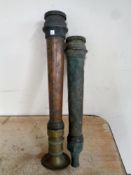 Two antique copper and brass fire hose nozzles