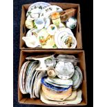 Two boxes containing assorted ceramics to include china cake plates, preserve pots, comports,