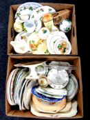 Two boxes containing assorted ceramics to include china cake plates, preserve pots, comports,