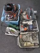 A large quantity of electrical power tools to include Performance chop saw, JMB hand saw, drills,