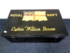 An antique tin trunk with later painted decoration "Royal Navy Captain Benson"