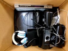 A box containing a large quantity of electricals to include DVD player, hifi, telephones,