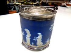 A Wedgwood Jasperware silver plated lidded biscuit barrel