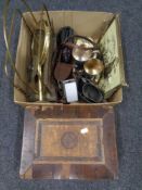 A 19th century marquetry inlaid table box on claw feet and a further box containing brass magazine