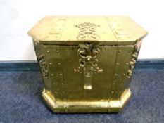 A good quality Victorian brass coal receiver with liner in the form of a casket,
